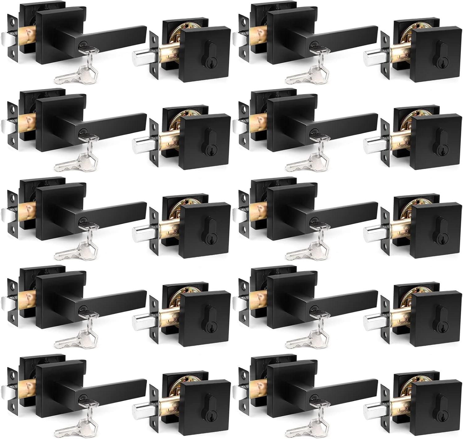 10 Pack Square Keyed Entry Levers & Single Cylinder Deadbolt Combo Flat Black