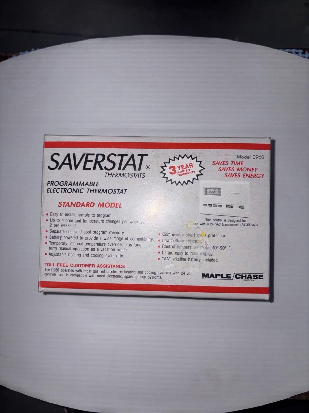 SaverStat Maple Chase 0960 Heat/Cool 5/2 Day Programmable Thermostat White - NOB