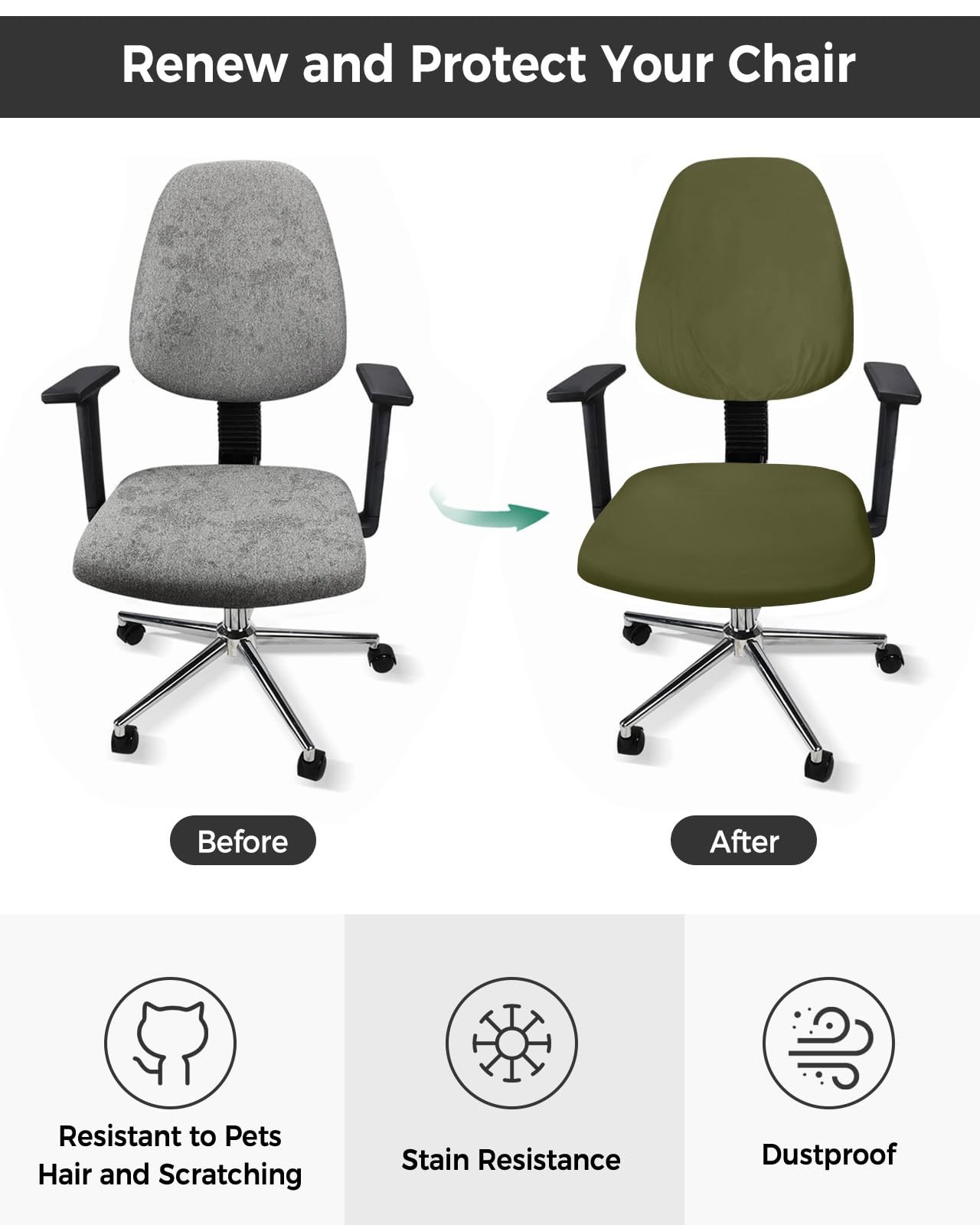 Office Chair Covers Stretchable Solid Color Dark Olive Green Split Computer D...