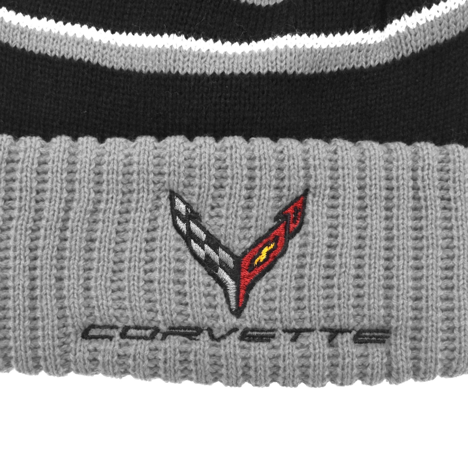 2020-2026 C8 Corvette Knit Winter Beanie Hat Gray Black w/ Pom Logo Script