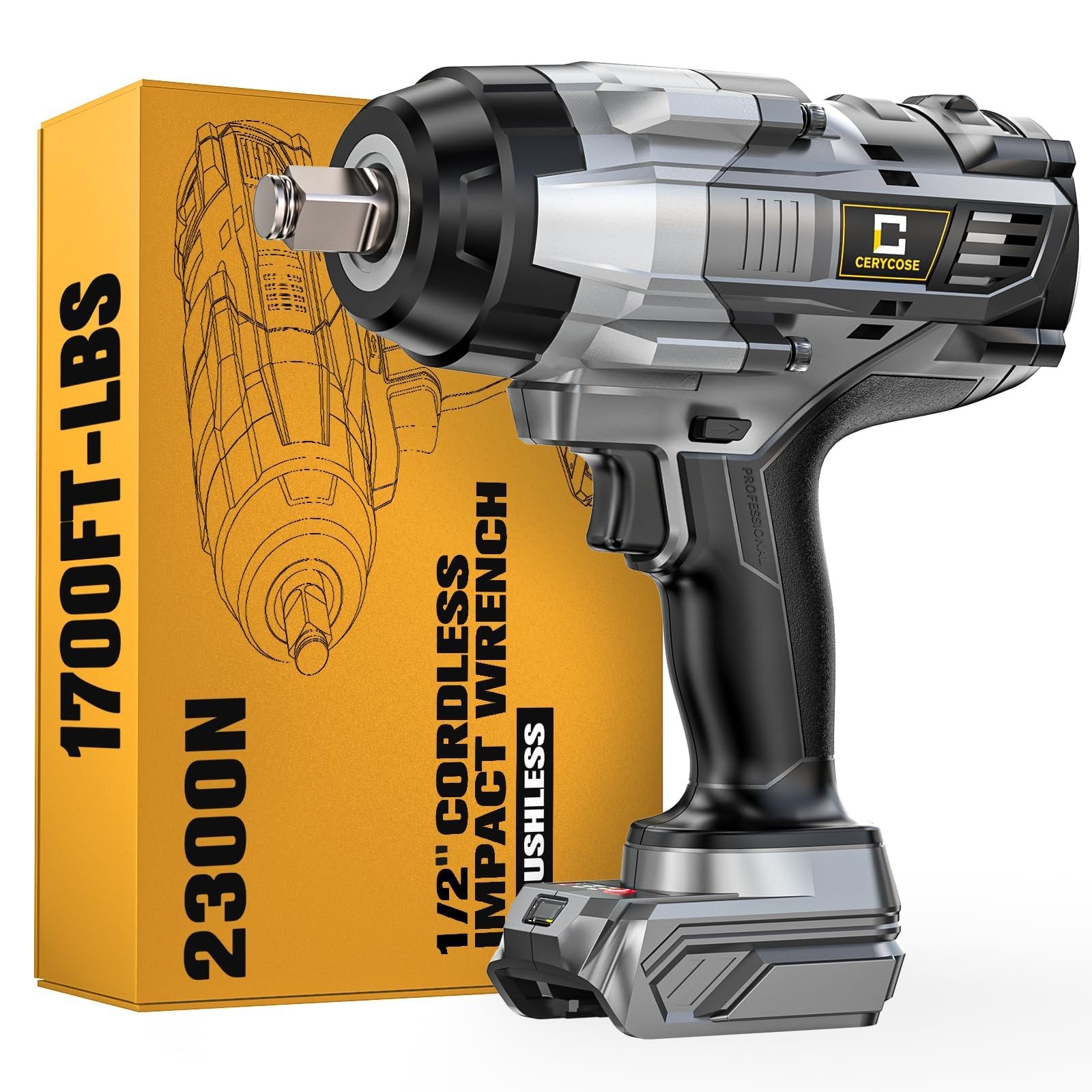 Cerycose 1/2" Cordless Impact Wrench 1700FT-LBS