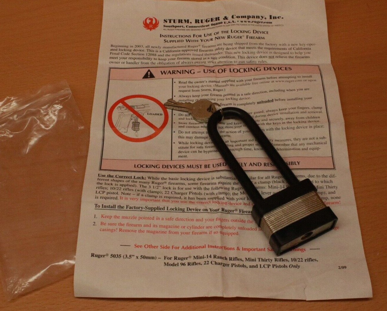 NOS Ruger Factory #5035 Armadillo Firearm Gun Lock Padlock 3 3/8" With 2 Keys
