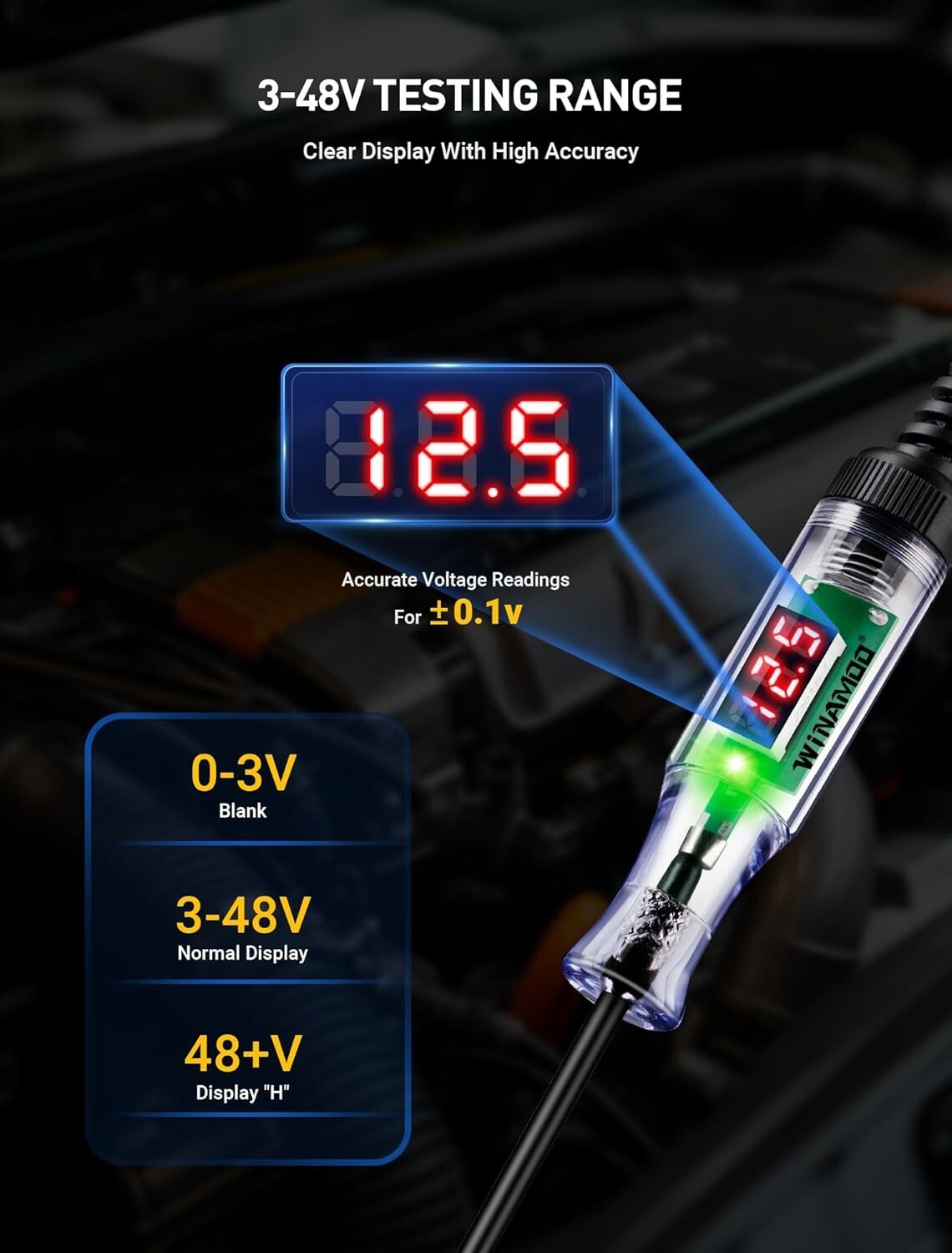 Automotive Test Light with 3-48V LED Digital Voltage Display, Auto Circuit teste