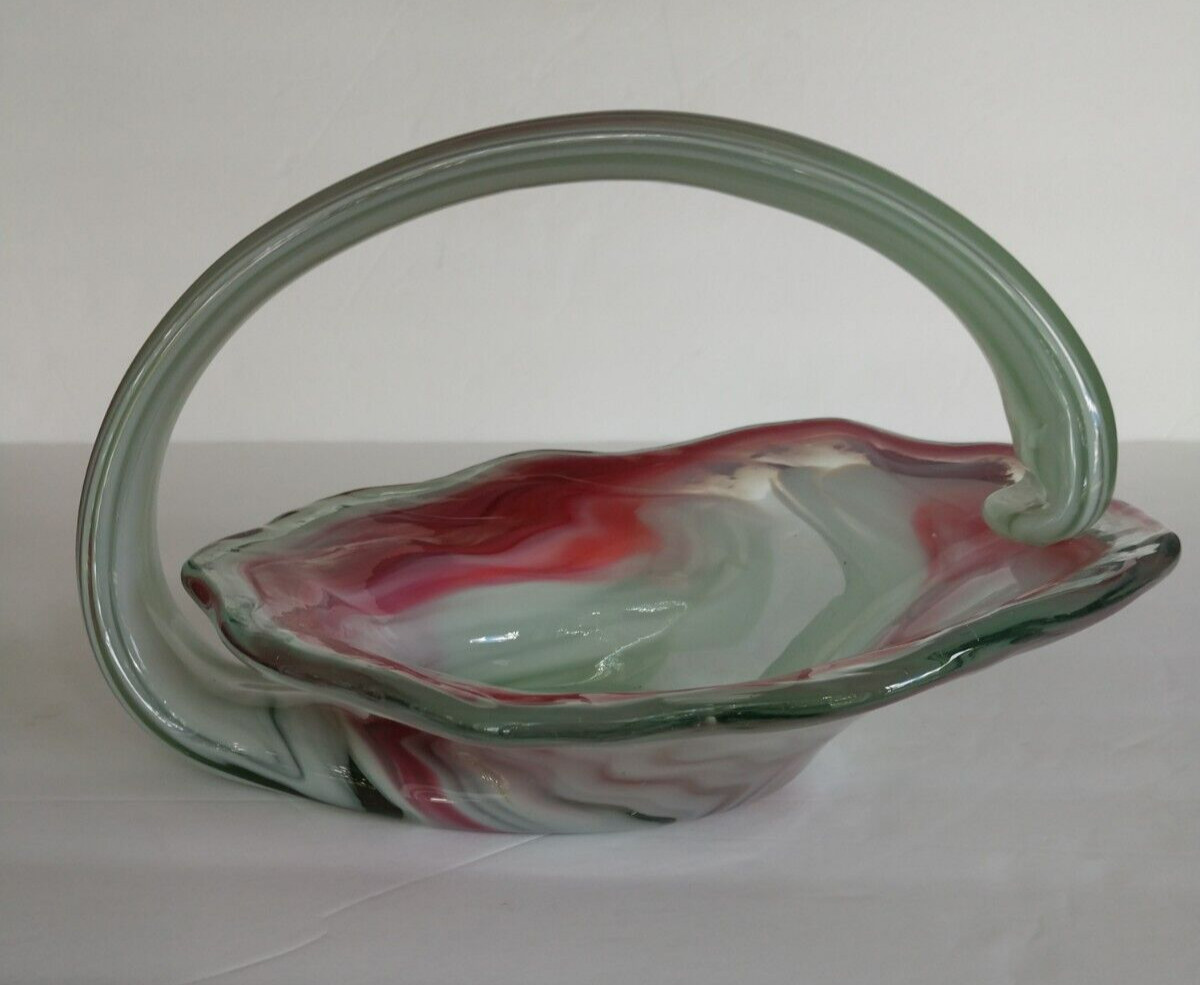 Vintage Art Glass Murano Italy Pink Ruffle Dish Hand Blown 10" X 6"