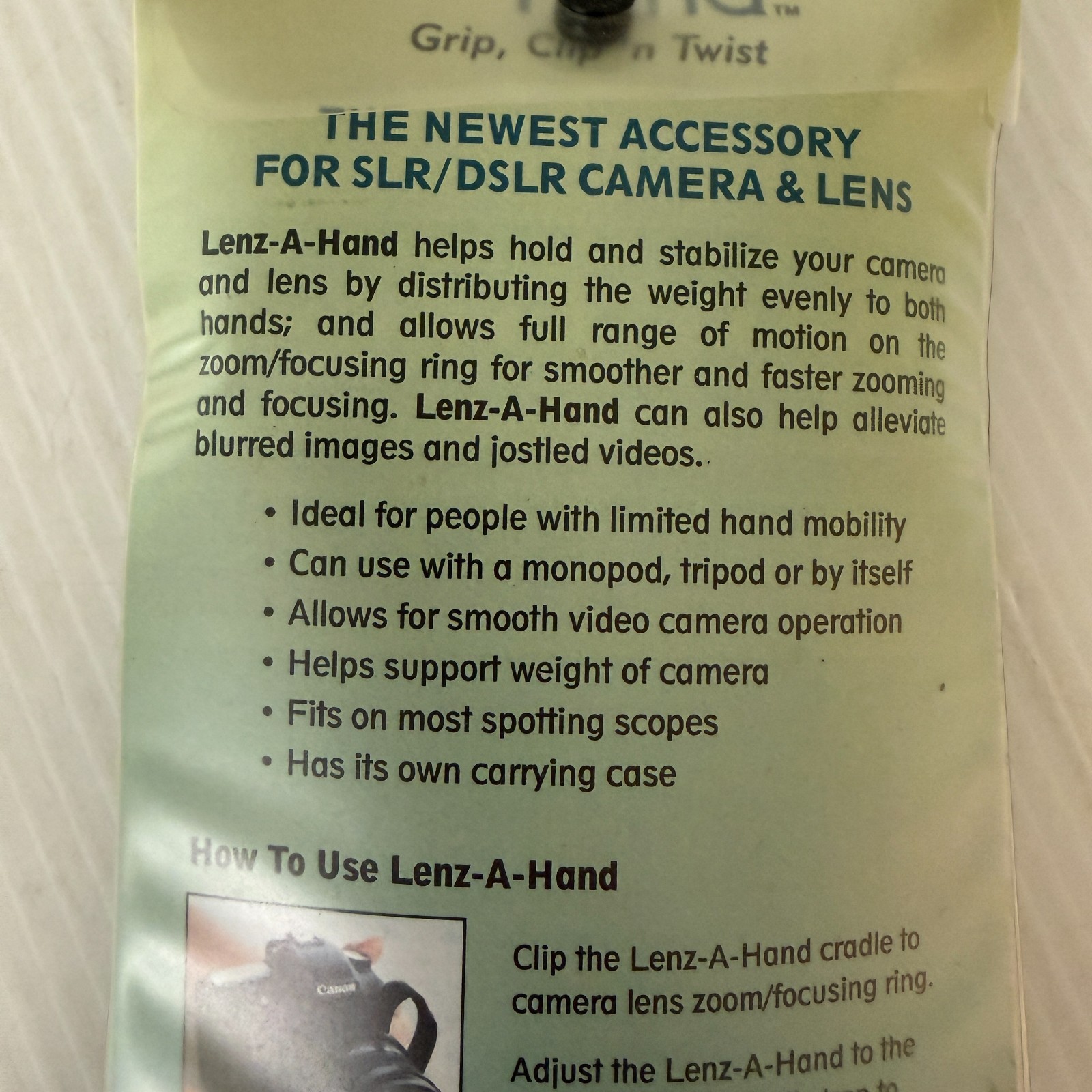 Camera Lens Grip Support Stabilizer By Lenz-A-Hand New In Package