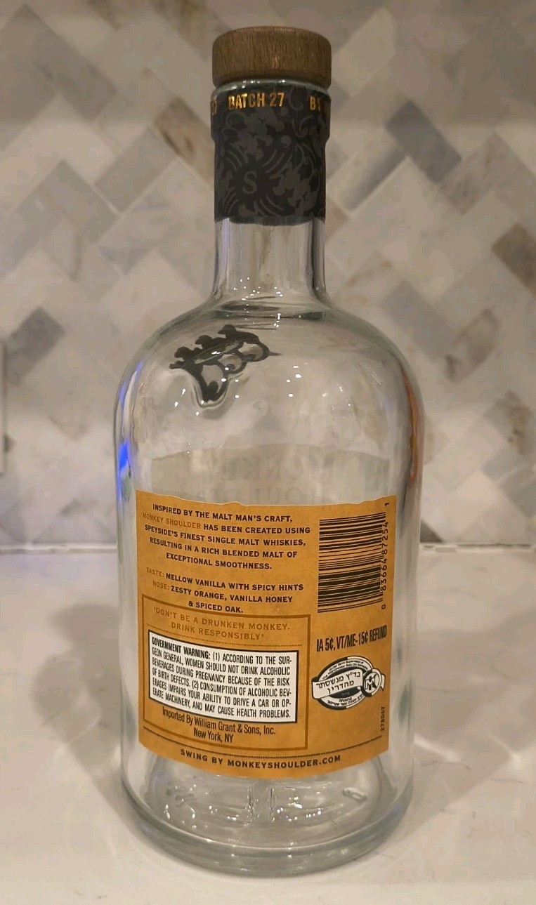 Monkey Shoulder Blended Malt Scotch Whiskey Bottle Empty 750 ML w/ Cork