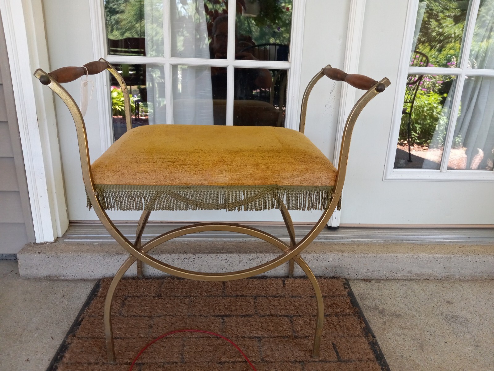 Vintage Hollywood Regency Style Vanity Stool Bench Gold Olive Green Fringe 70s