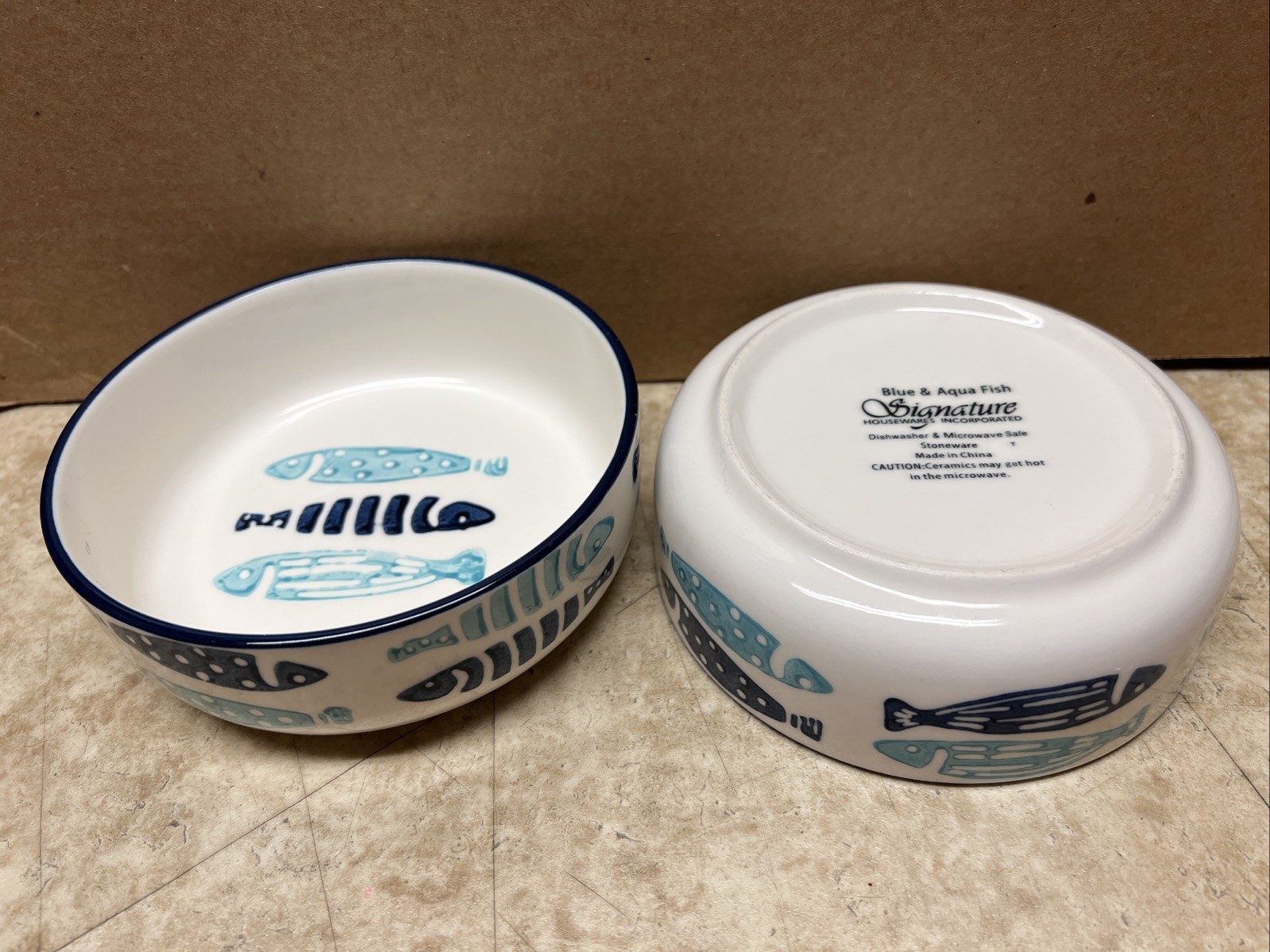 Pair Of Signature Housewares-Small-White Blue -Stoneware Fish Cat Bowls NEW