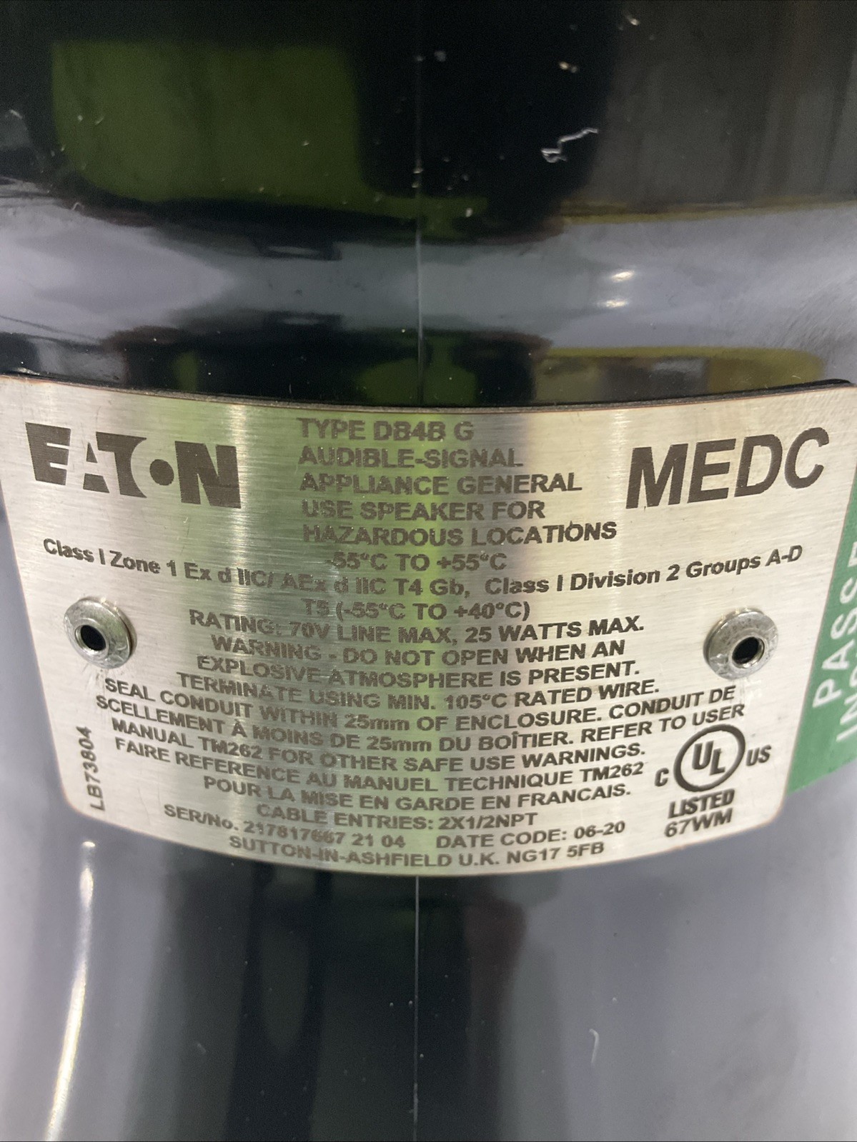 EATON-MEDC DB4BG 25W EXPLOSION PROOF LOUDSPEAKER RANGE A9T