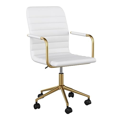 Taytum Swivel Task Chair with Armrests for White Faux Leather/Polished Brass