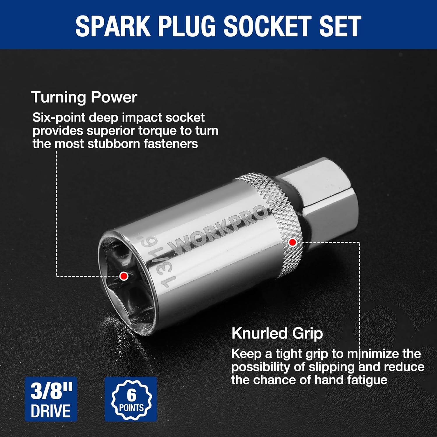 WORKPRO 7 PCS 3/8" Drive Magnetic Swivel Spark Plug Socket Set Thin Wall Sockets