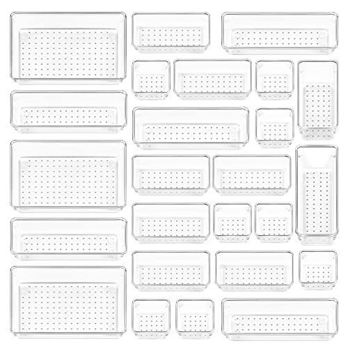 25 PCS Plastic Drawer Organizers Set, 4-Size Versatile Bathroom and Clear