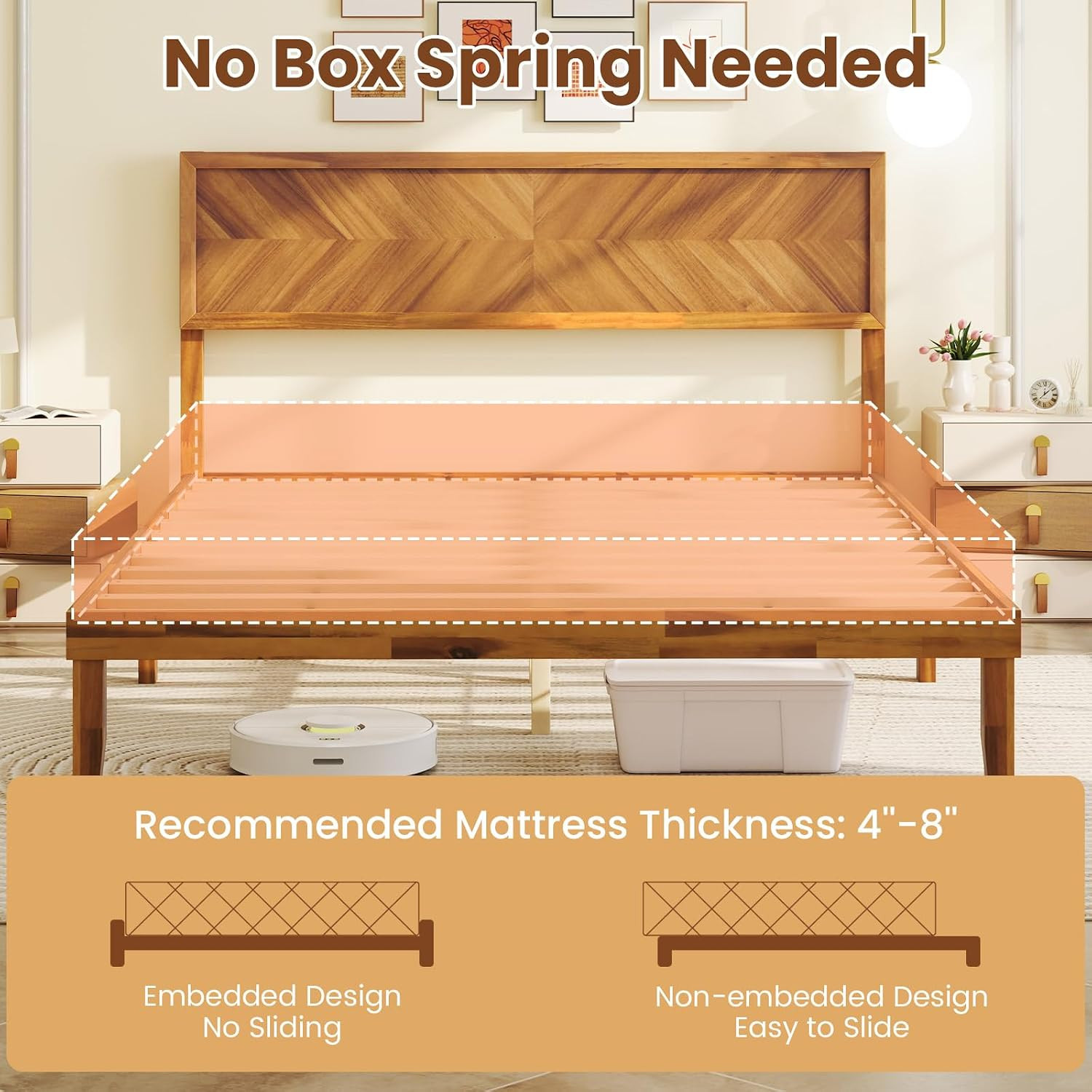 Wood Queen Bed Frame with Headboard, Solid Acacia Wood Platform Bed with 12 Stro