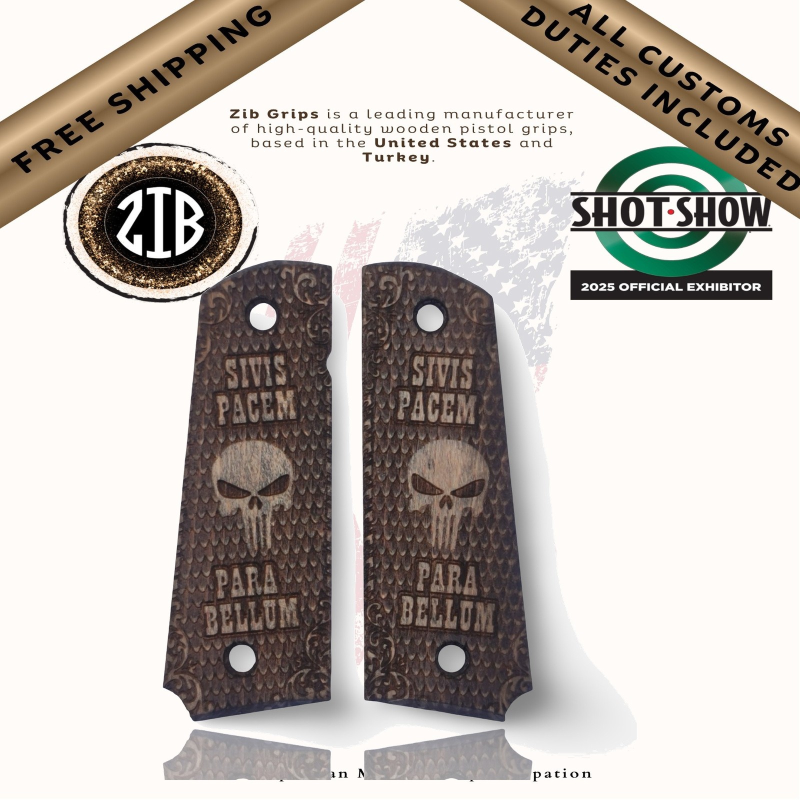 ZIB Grips 1911 Skull Para Bellum Fits Colt Kimber Taurus SA Ruger SR1911 Girsan