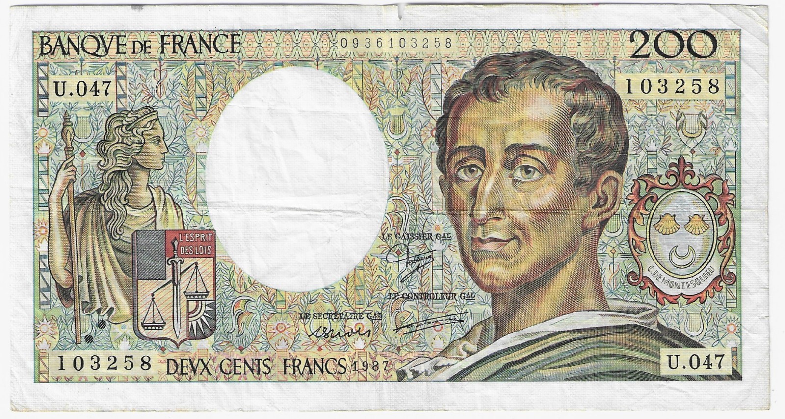 FRANCE P 155b 1987  200 FRANCS  Circulated We combine Shipping Tear Top Center