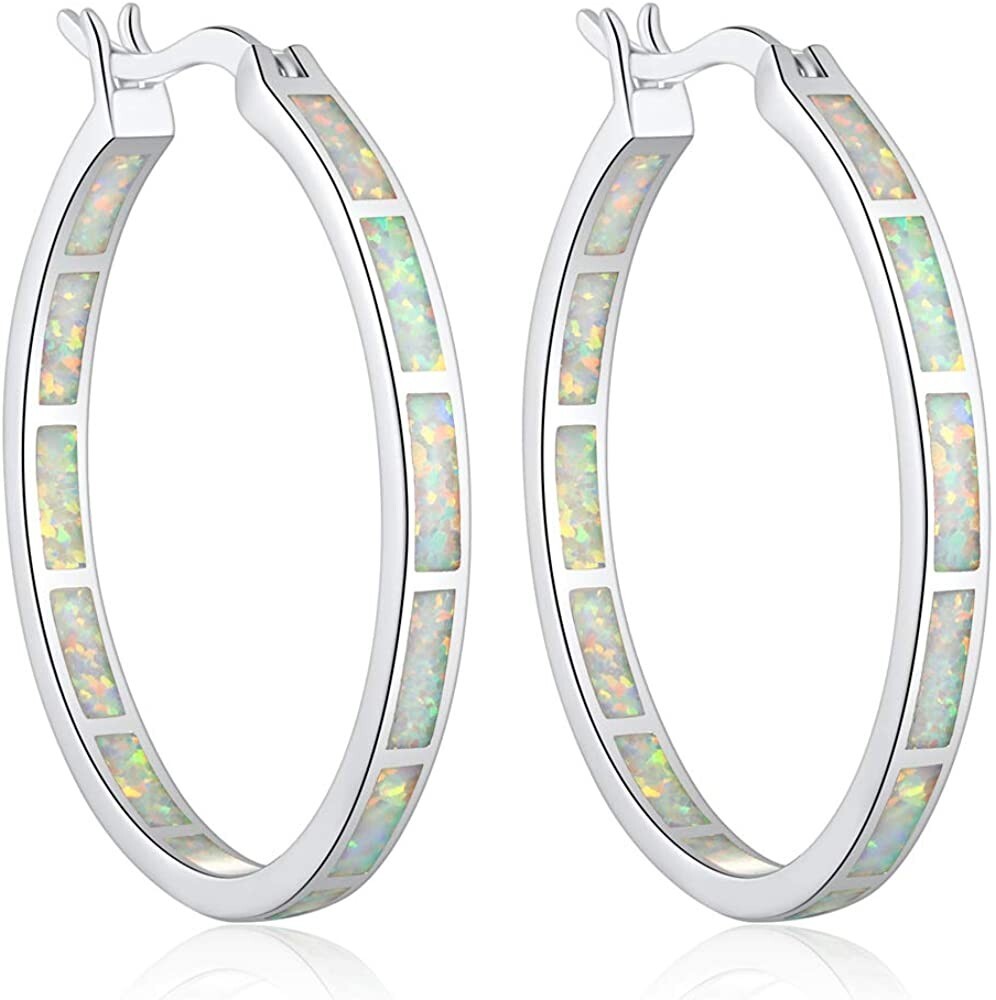Vikoly Hawaii Round Hoop White Fire Opal Earrings Silver Filled For Women Girls