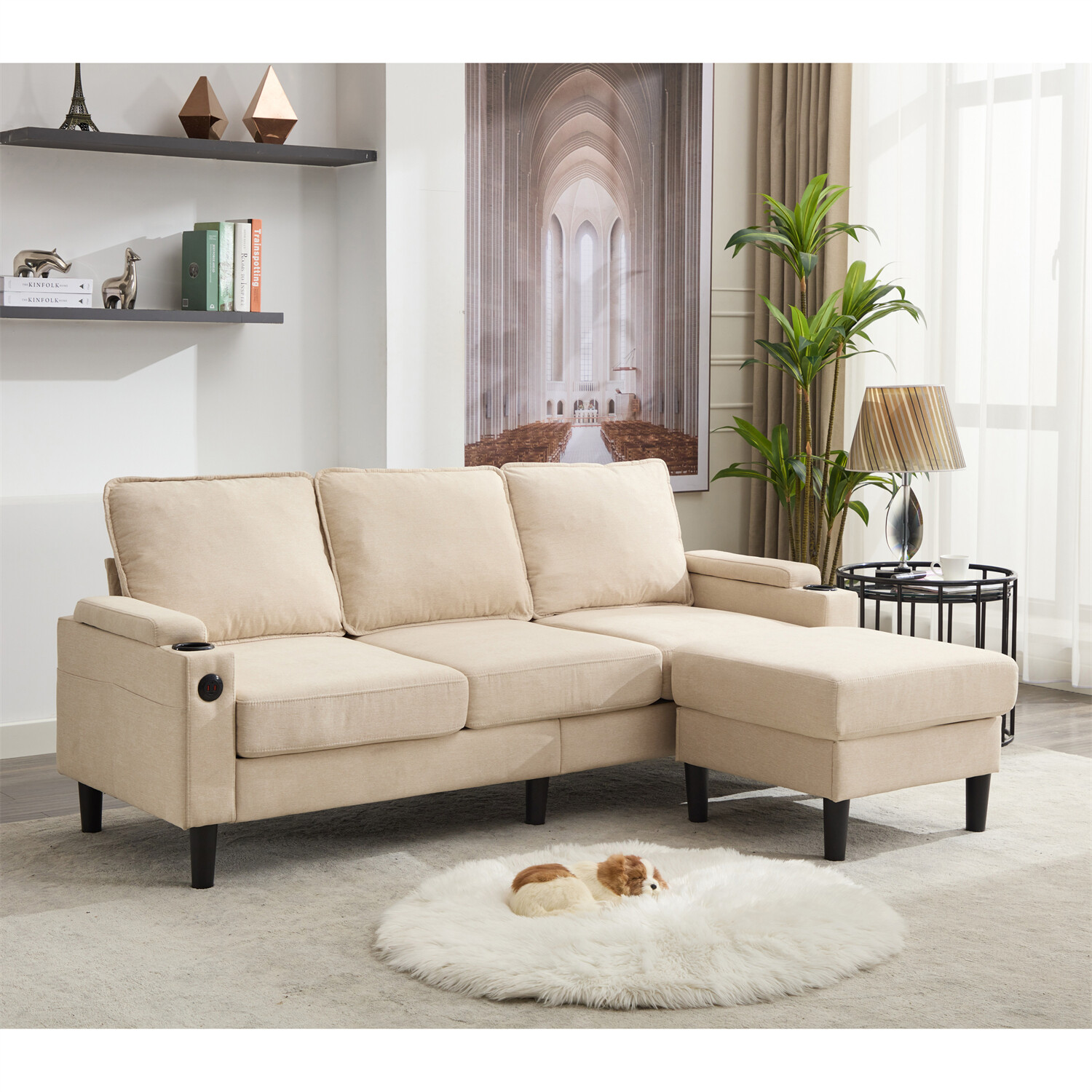 L Shaped Sectional Sofa Couch 3 Seater Sofa w/ Storage Ottoman Living Room Sofa