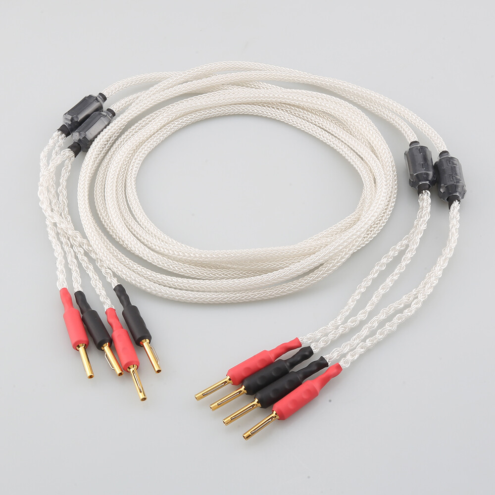 Pair 16 Core 100% Pure Silver Soft Speaker Cable Hi-end Pure Copper Banana Plugs