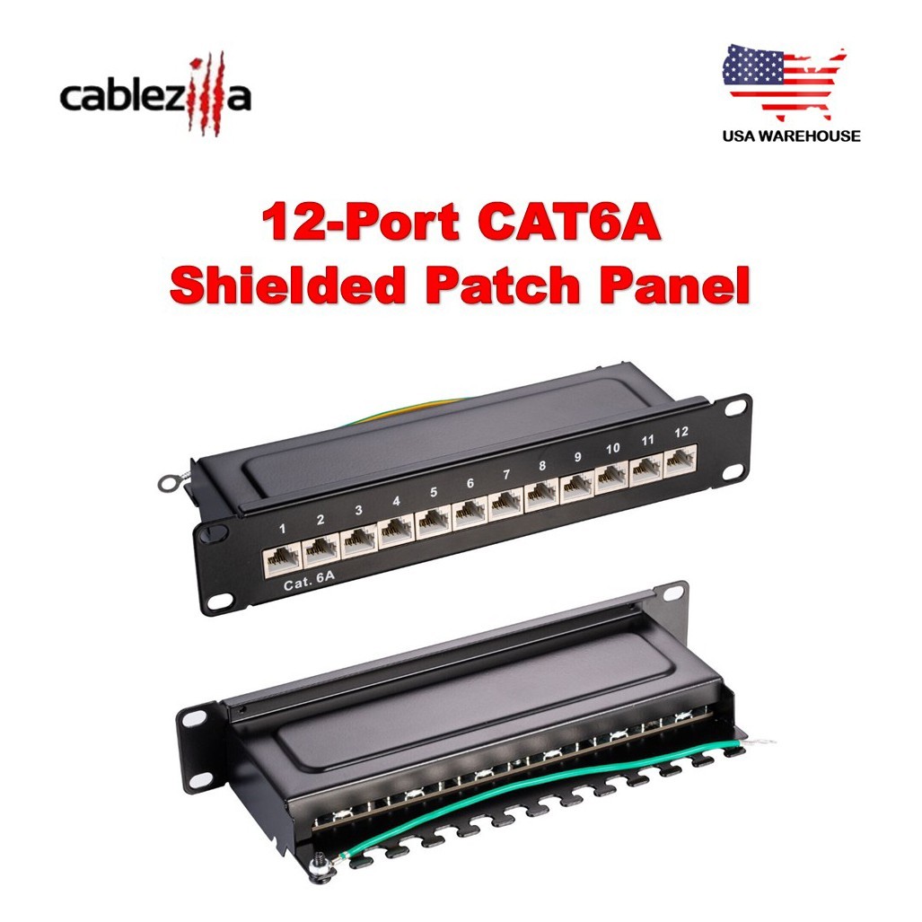 12-Port Cat6A Shielded Patch Panel 0.5U 10" Ethernet Network Cable Rack Mount
