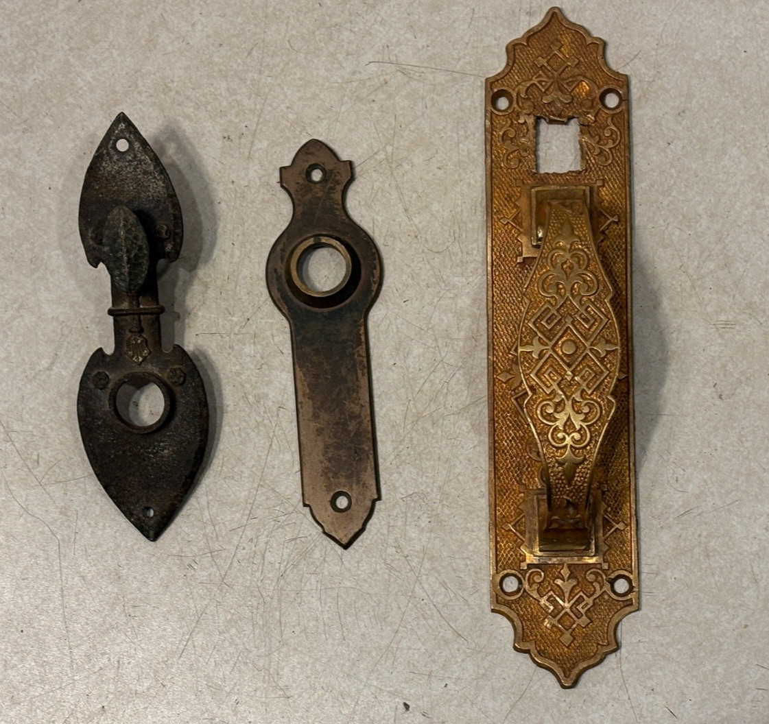 Lot of 3 Vintage Door Backplates Knob Plate Brass Old Door Hardware