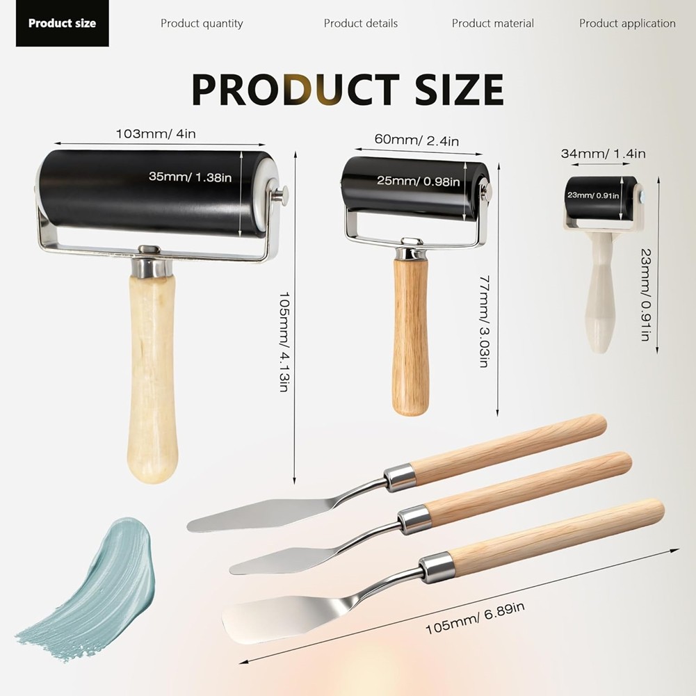 6 Pack Rubber Brayer Roller Kit,3 Sizes Rubber Rollers with 3 Scrapers for6192