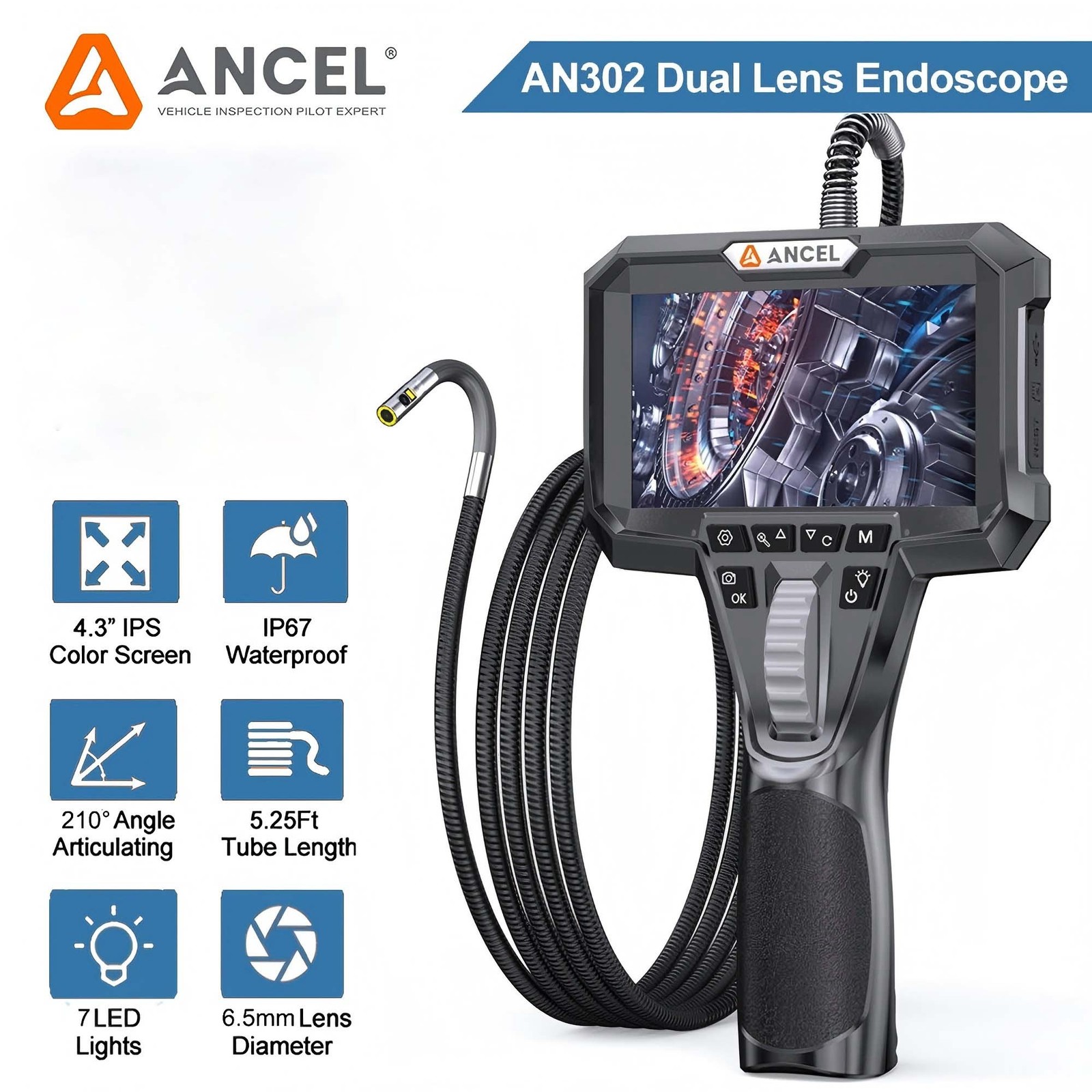 Articulating Borescope Industrial Endoscope Dual Camera Two-Way 210° Waterproof