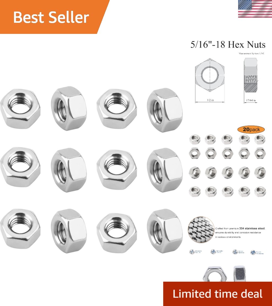 20pcs 5/16" Fully Threaded Hex Nuts in Durable Stainless Steel Storage Box