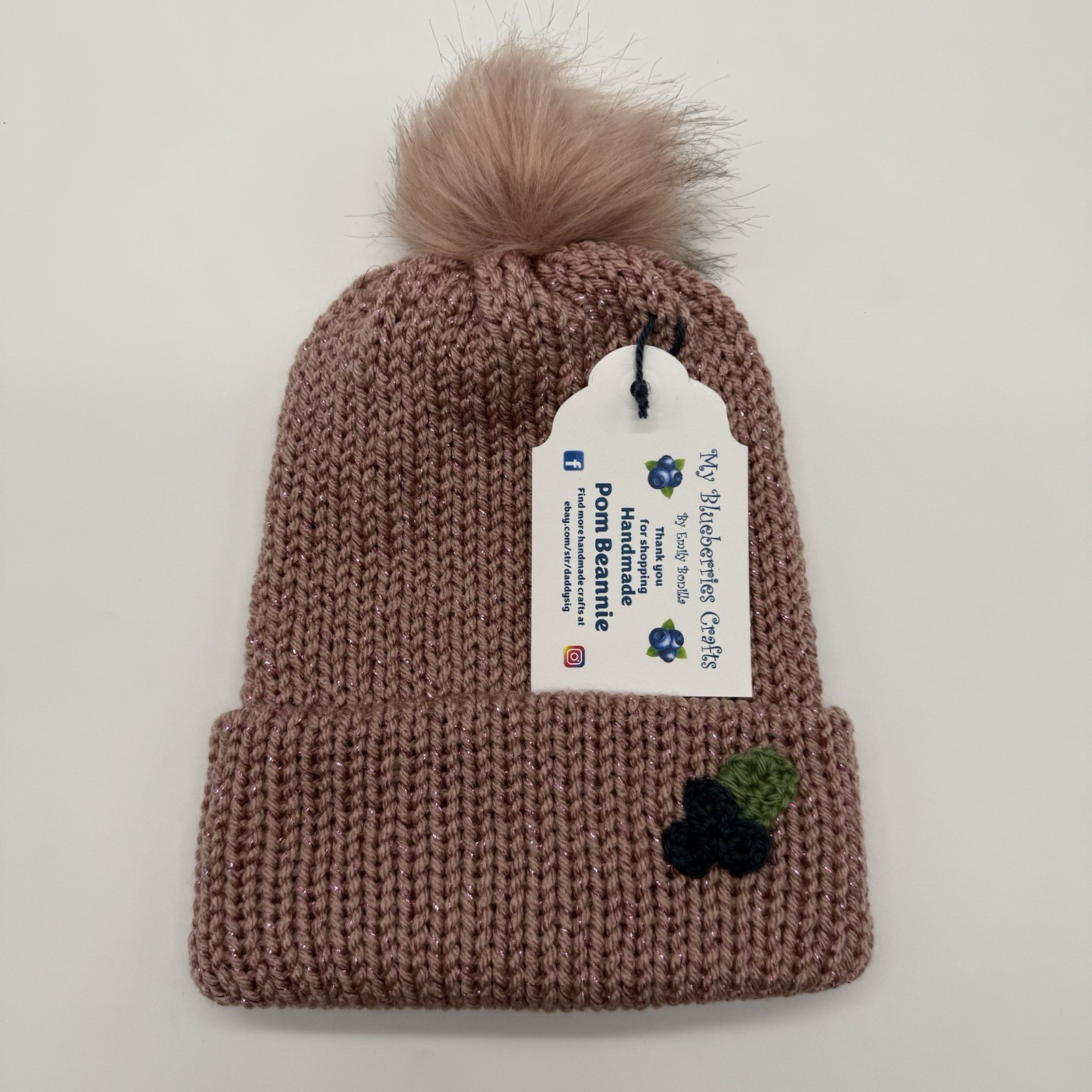New My Blueberries Crafts Knitted Metallic Blush Pink Yarn Adult Winter Pom Hat