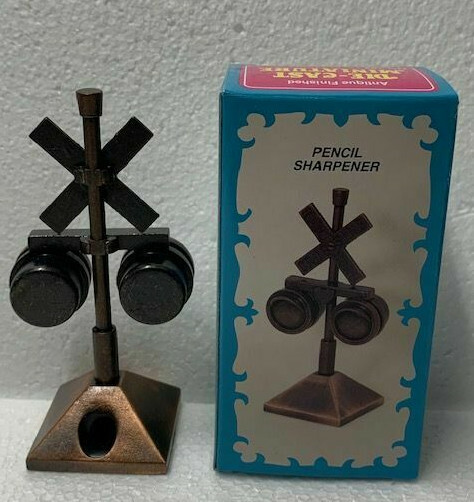 RAILROAD CROSSING BRONZE DIE CAST METAL COLLECTIBLE PENCIL SHARPENER NEW / BOX