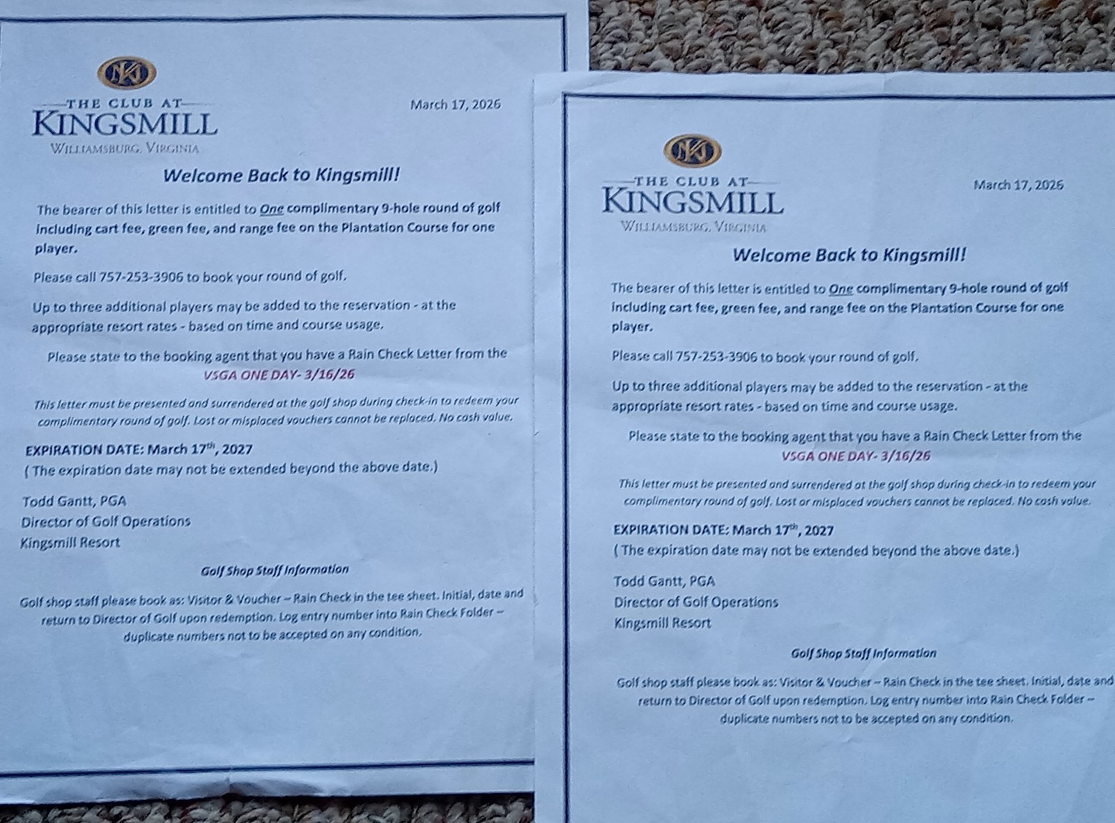 9 Hole/Cart Golf Green Fees For Kingsmill Resort ×2, Plantation Course,$240 Valu