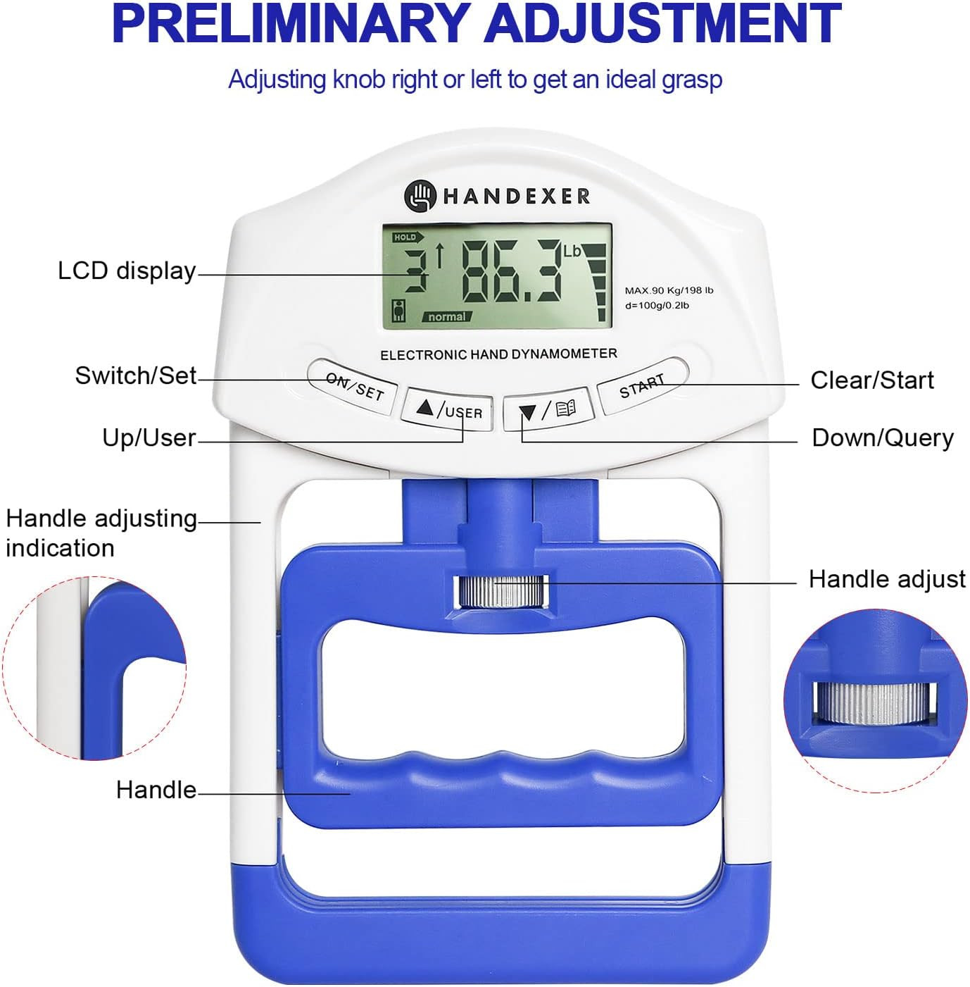 Grip Strength Tester - Hand Grip Dynamometer - Handheld Digital Grip Measurement
