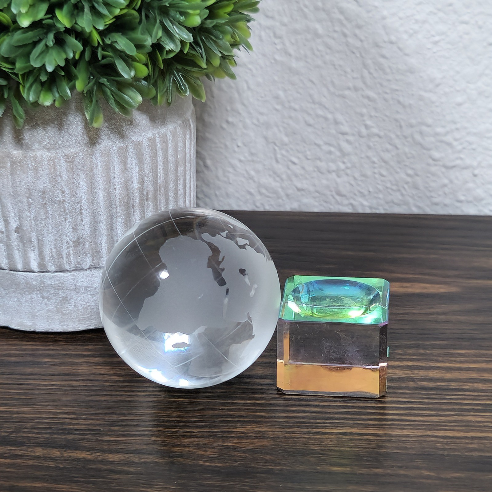 Crystal World Etched Globe Desk Decor with Iridescent Base Paperweight