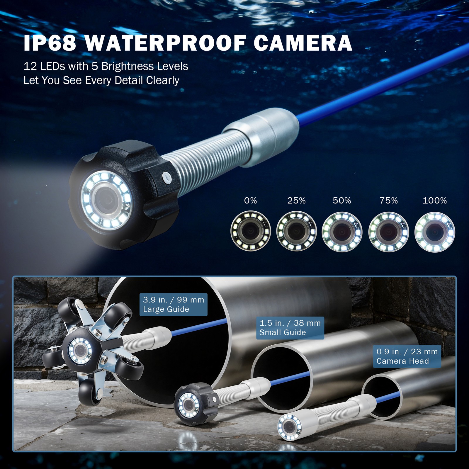 10 in. Self-Leveling Sewer Camera w 165 ft/50 m Cable Wheels Handle Locator IP68