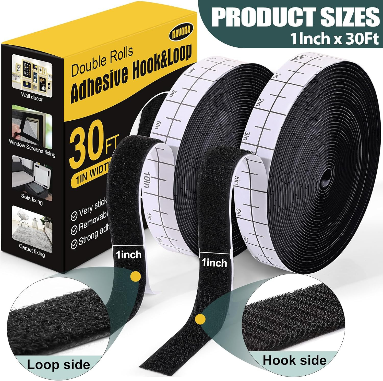 30Ft X 1 Inch Hook and Loop Strips with Adhesive – 2 Rolls Heavy Duty Hook and L