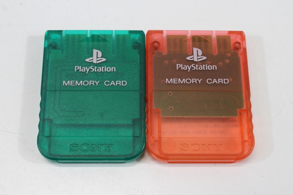 Lot of 2 SONY PlayStation 1 OEM PS1 Memory Card Clear Green Teal Pink SCPH-1020