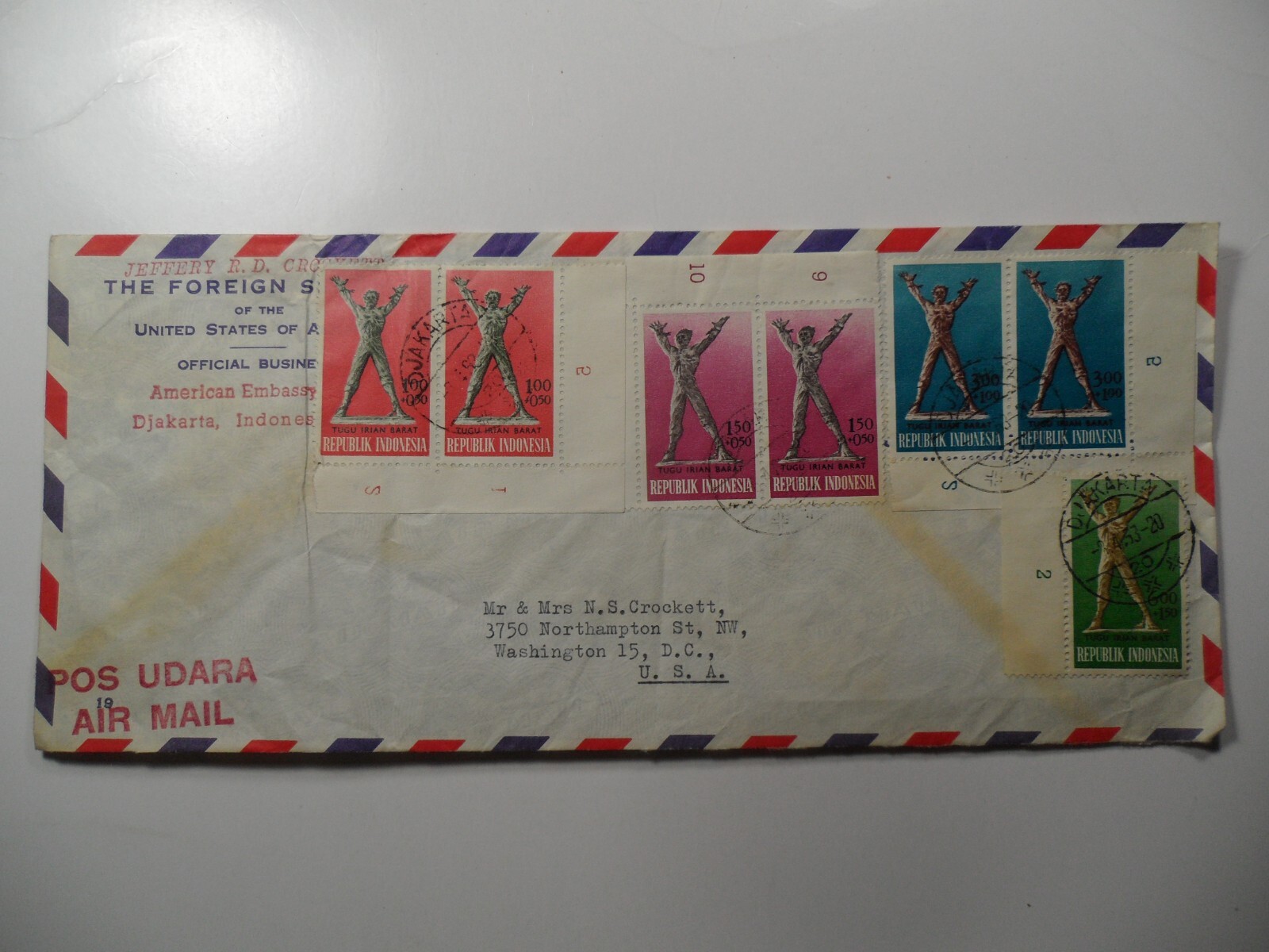 STAMPMART : INDONESIA 1963 US EMBASS SERVICE MULTI STAMPS COVER TO WASH DC USA