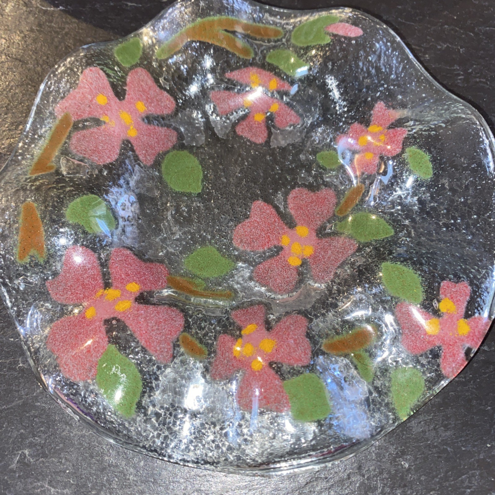 Gorgeous Cherry Blossom Fused Glass Art Ruffle Dish Trinket Spring Sydensticker