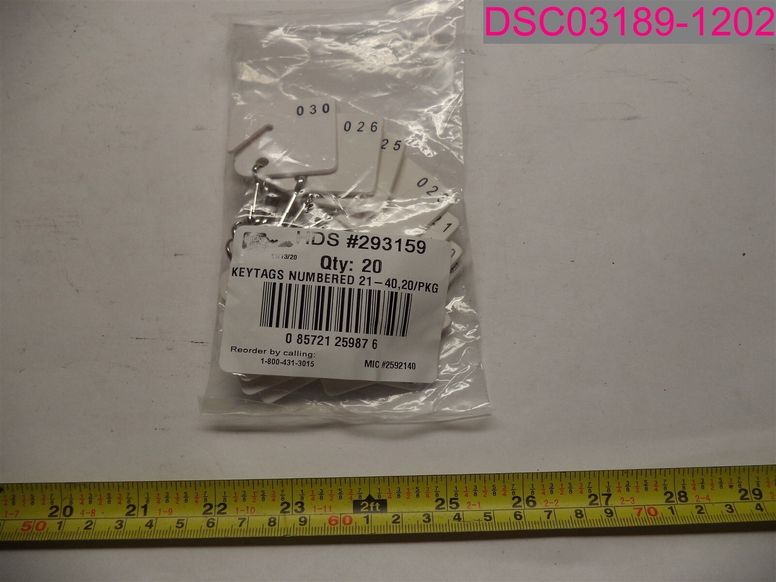 QTY=5 Packs of 20; Lucky Line Key Tags Numbered 21-40 HDS #293159