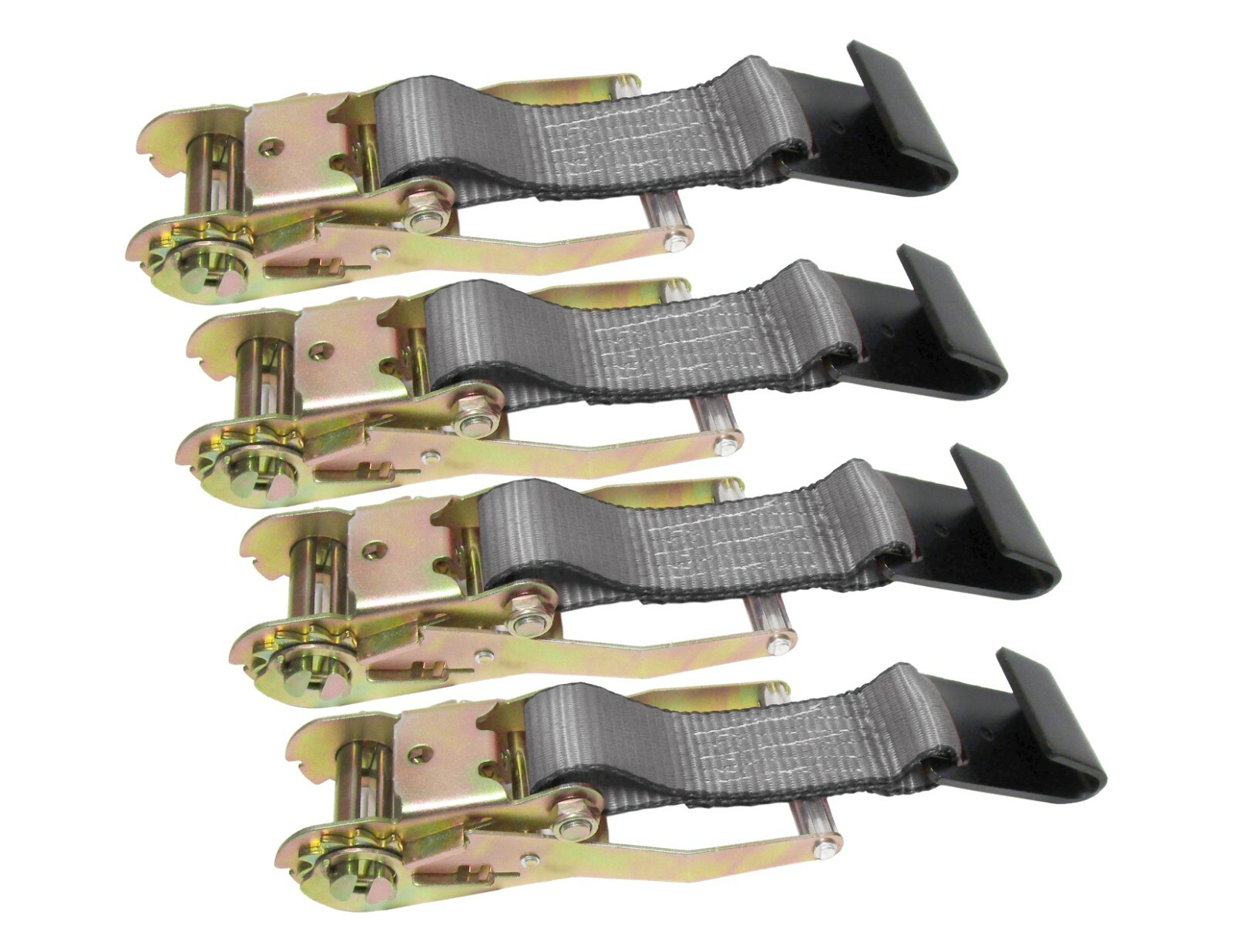 Four (4) Silver Rail Flat Hook Ratchet Assembly Strap Tie Down Tow Trailer Cargo