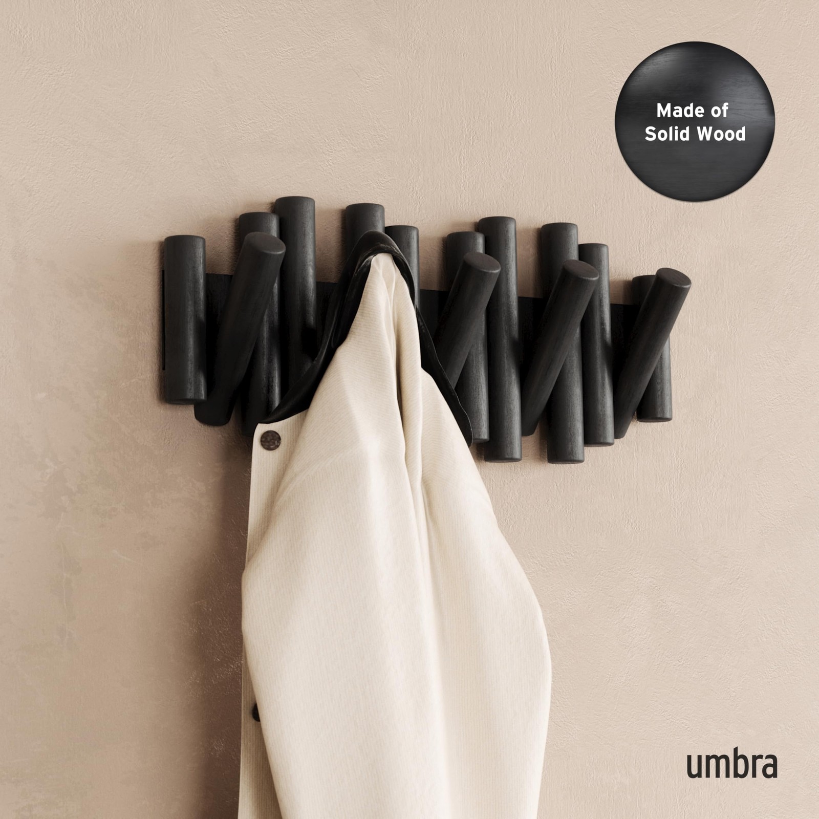 Umbra Picket Wall-Mounted Coat Rack Rail Hook with 5 5-Hook, Black