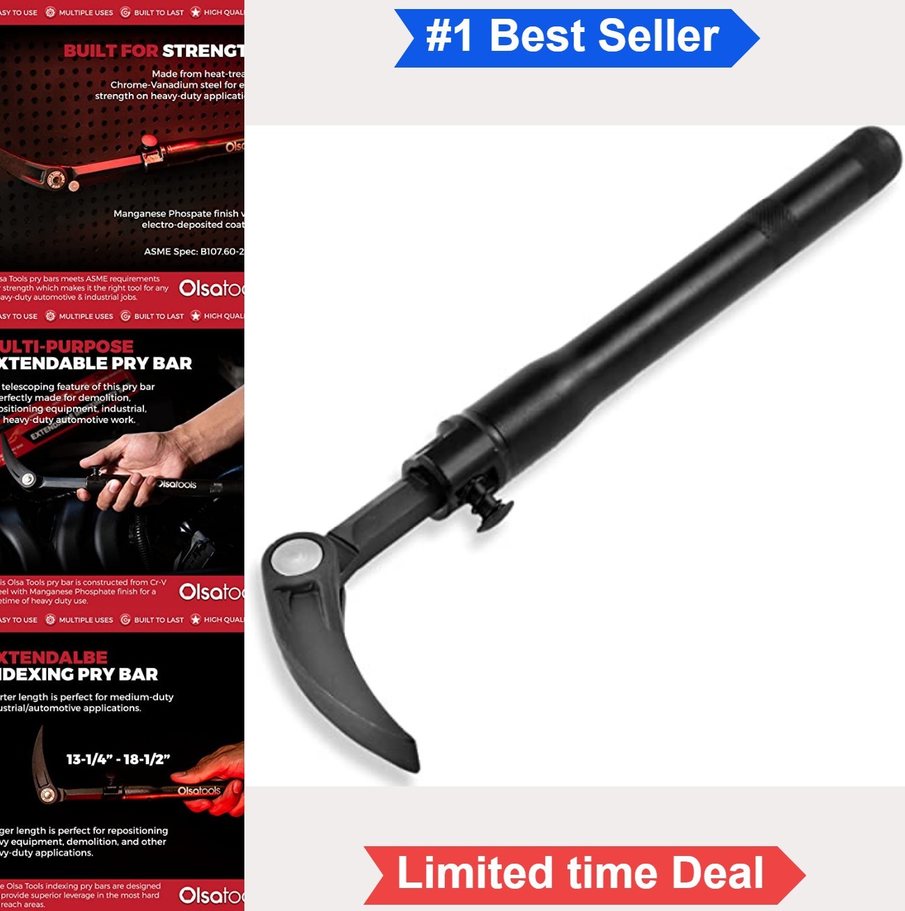 Adjustable Pry Bar 13.3 to 18.5 Inch Extendable Indexable Tool Steel Automotive