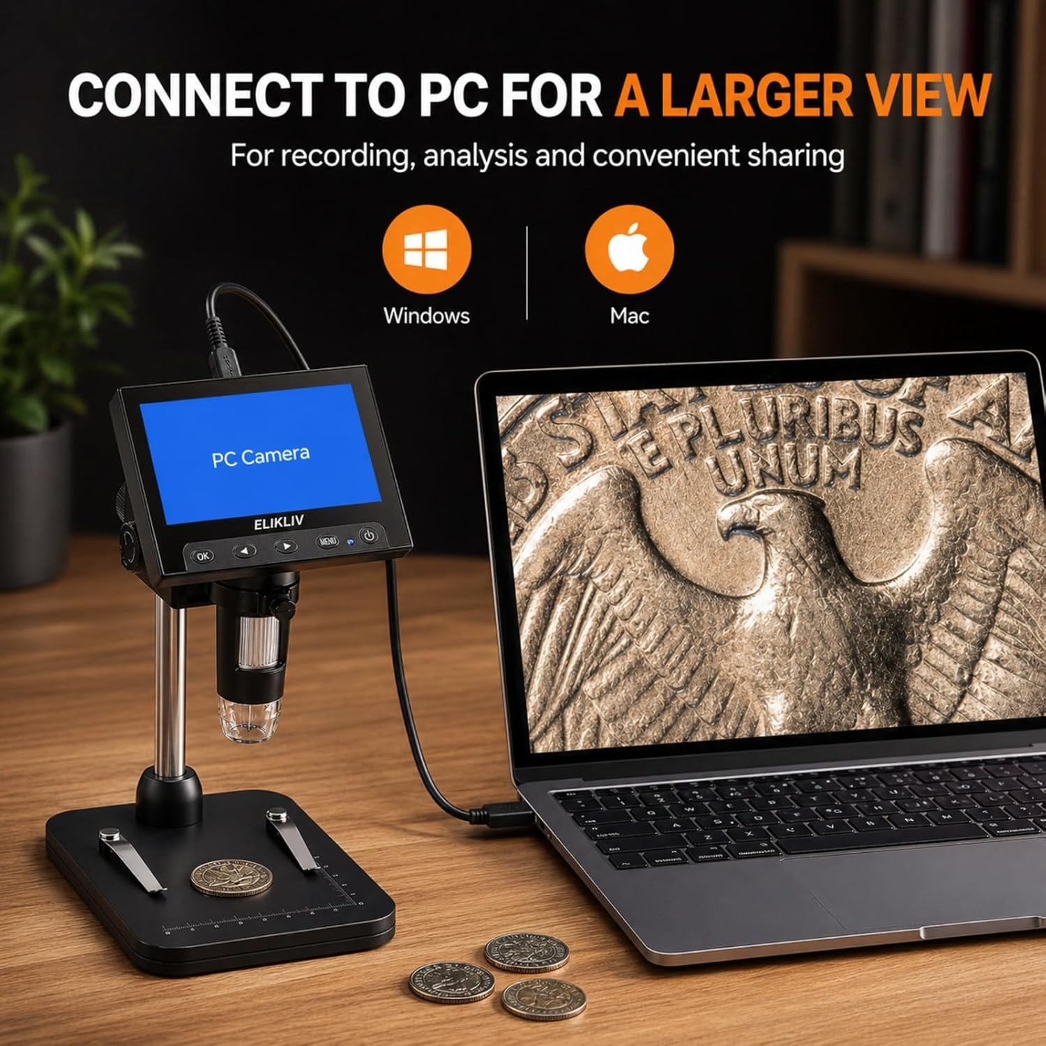 Digital Coin Microscope 4.3'' LCD 1000x Magnifier with LED Lights PC Compatible