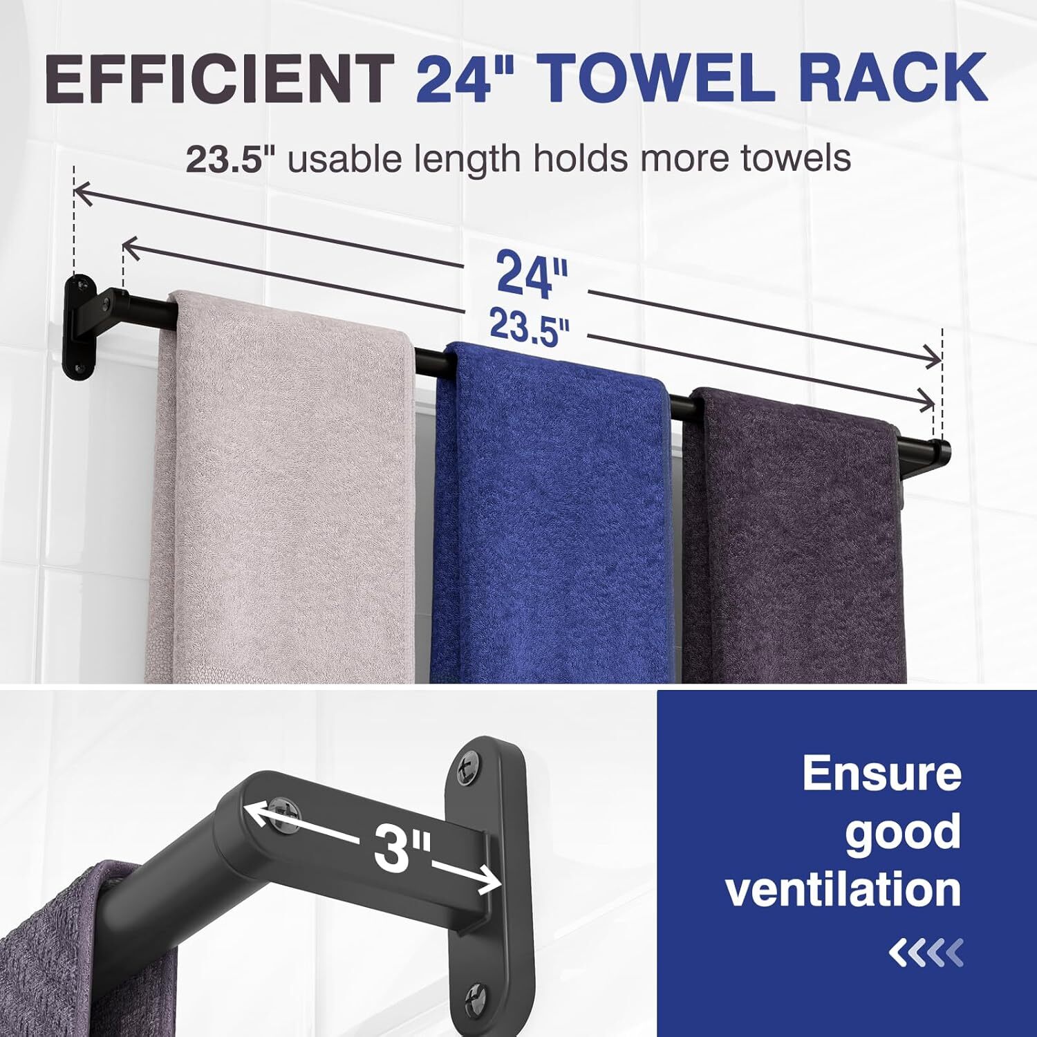 Towel Rack for Bathroom - 24" Rustproof Holder, Sturdy X-Large, Black