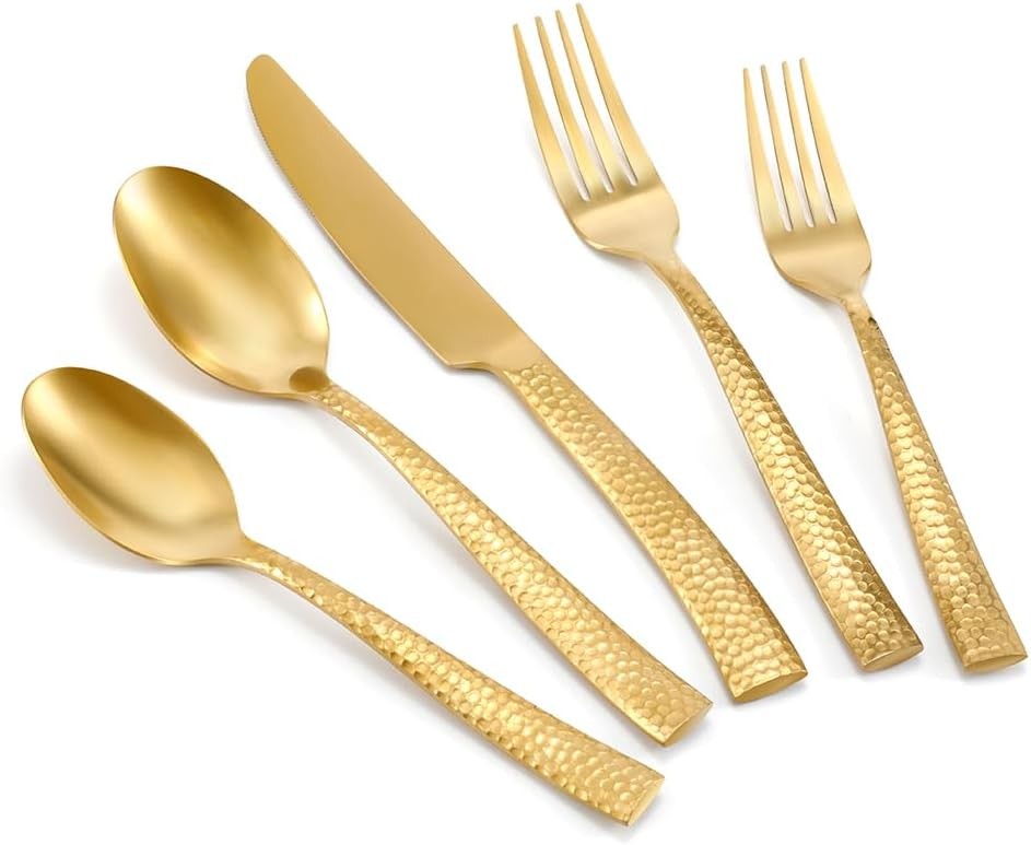 Gold Silverware Set Flatware Set Matte Finished Stainless Steel Hammered Heavy