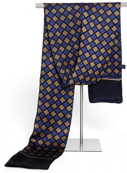 100% Silk men women Scarf neckerchief Wrap long plaid blue yellow navy MY113-11
