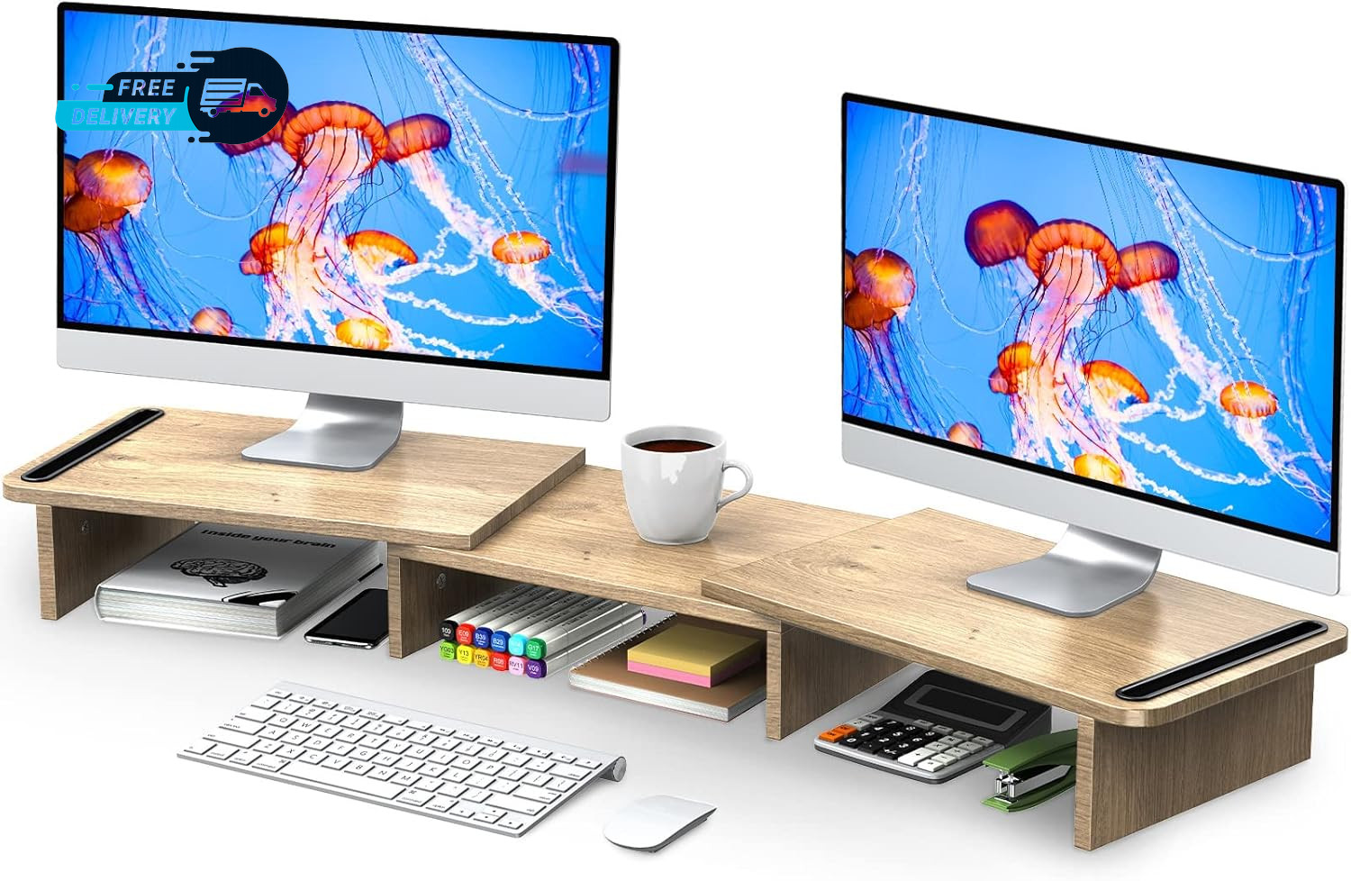 Dual Monitor Stand Riser Monitor Stand with Adjustable Length and Angle Wood