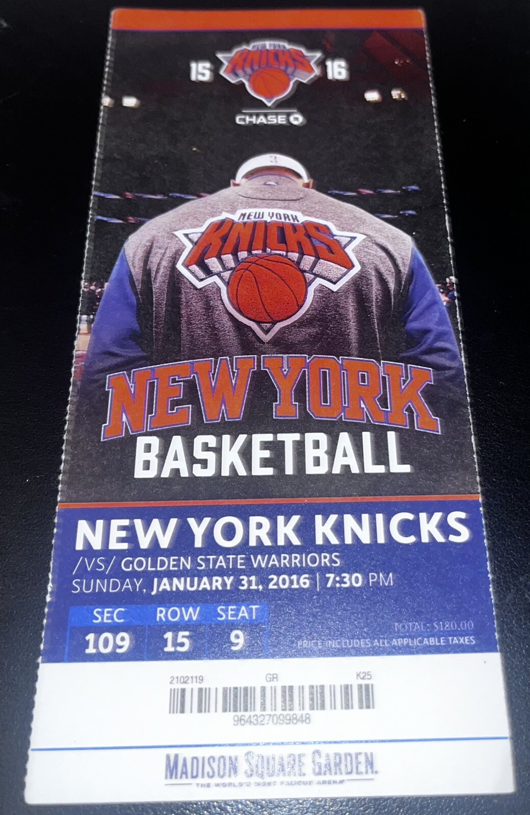 2016 NY Knicks vs Warriors Full Ticket 1/31 Green Triple Double, Curry