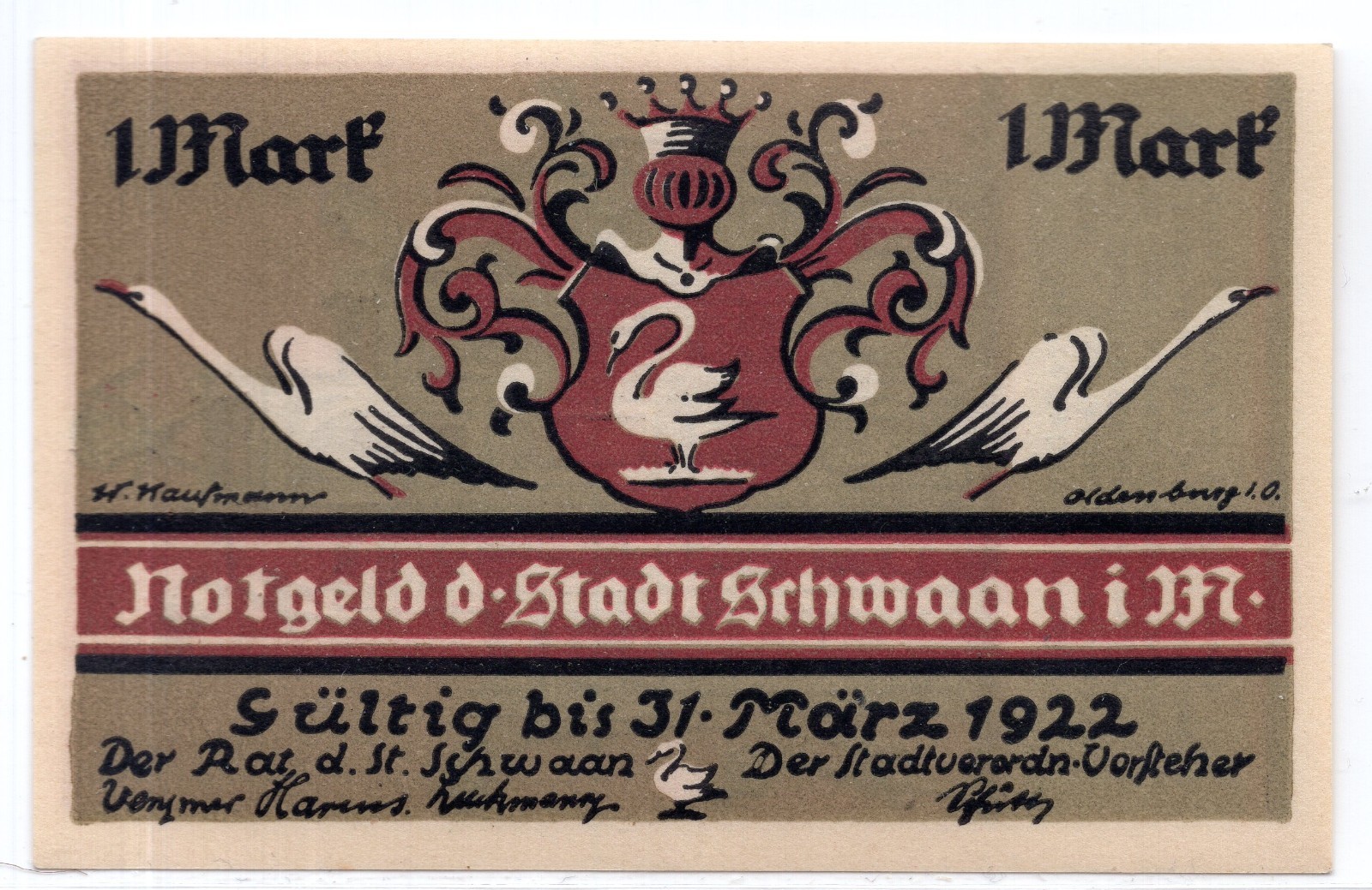 1922 Germany Schwaan Notgeld 1 Mark Note (NG204)