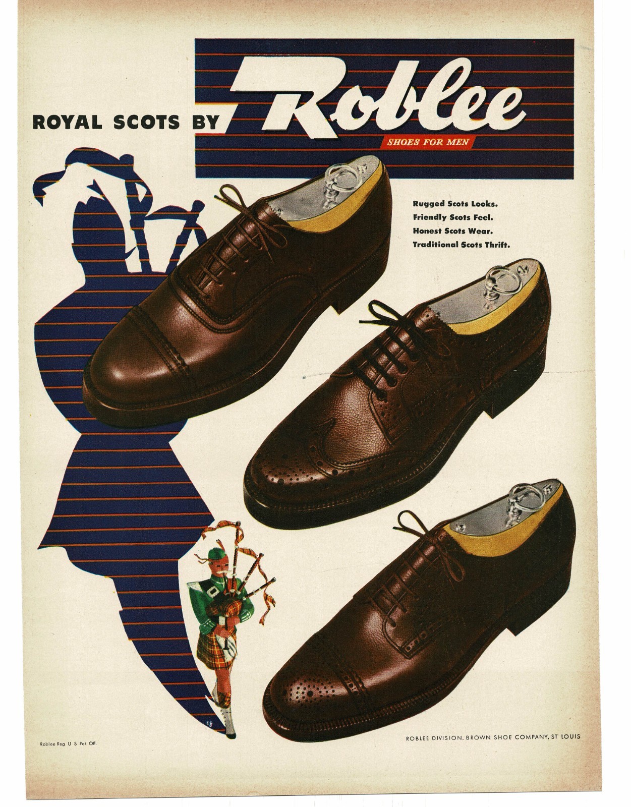 1946 Roblee Men's Casual Shoes Brown Royal Scots bagpipe player Vintage Print Ad