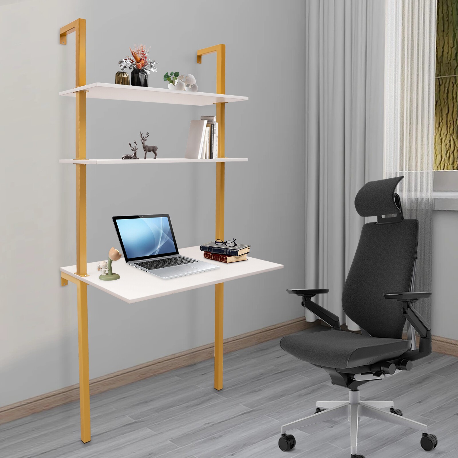 Wall Mount Writing Table 3-tier Computer Desk Storage Home Office w/ Power Strip